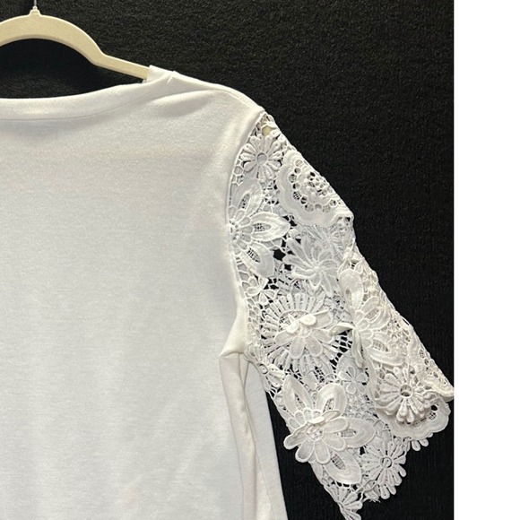 Women's White Tie Front Top Crochet Lace Bell Sleeve Casual Blouse Shirt - Picture 4 of 4